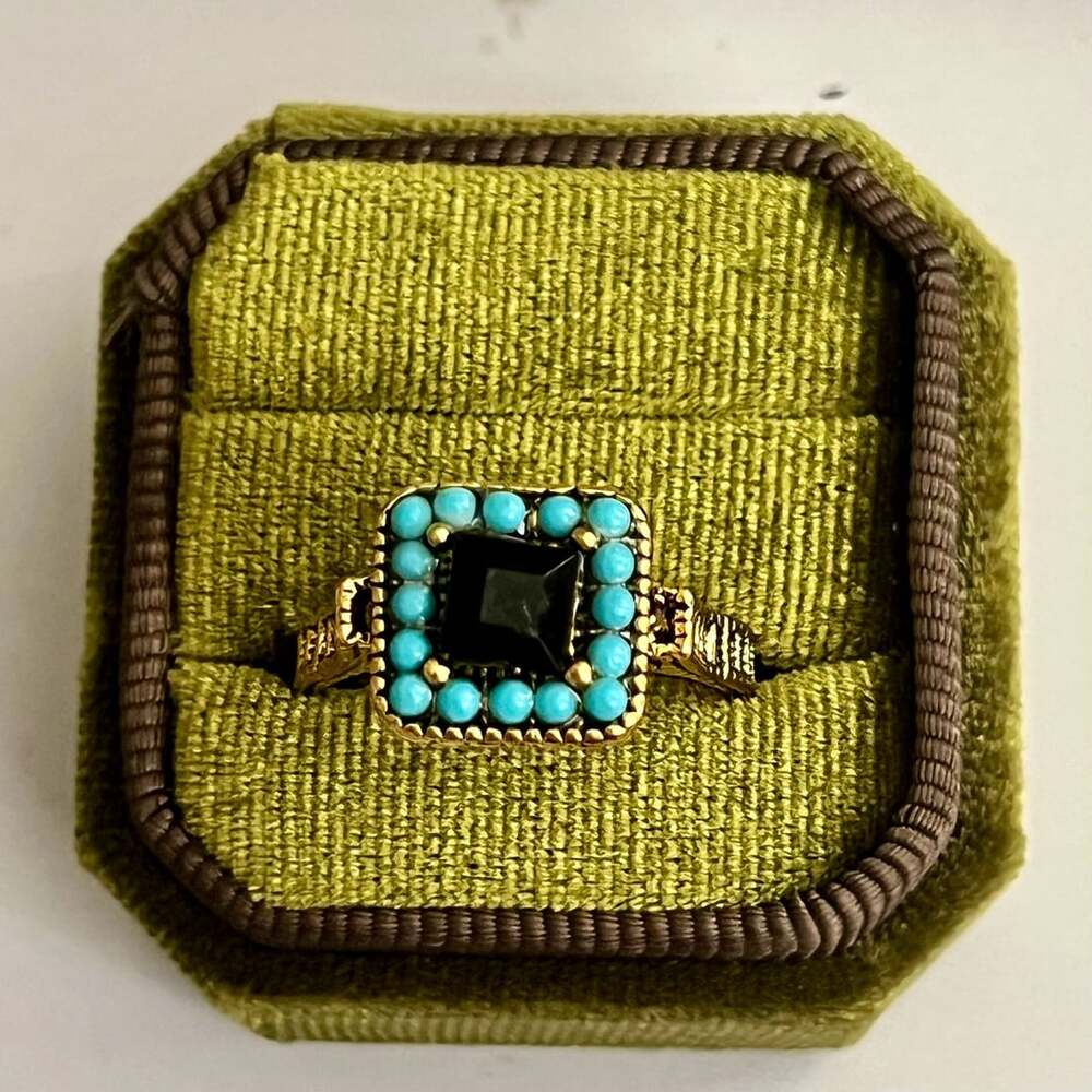 Boho Gold Ring Black Onyx Stone Turquoise Beaded Accent Size 9.5